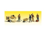 more-results: A set of four men. One is pushing a wheelbarrow; one is operating a cement mixer, whic