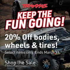 Traxxas Keep the Fun Going! 20% Off bodies, wheels & tires! Select items only. Ends March 31. Shop the Sale