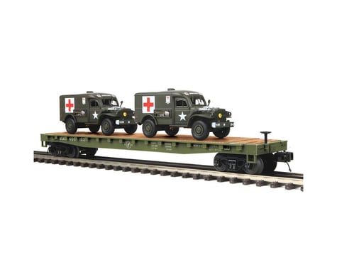 MTH Trains O Flat w/2 Dodge WC54 Ambulances, US Army #609152