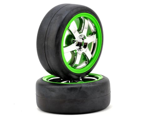 Traxxas 12mm Hex Pre-Mounted 1/16 Slick Tires (2) (Chrome/Green)