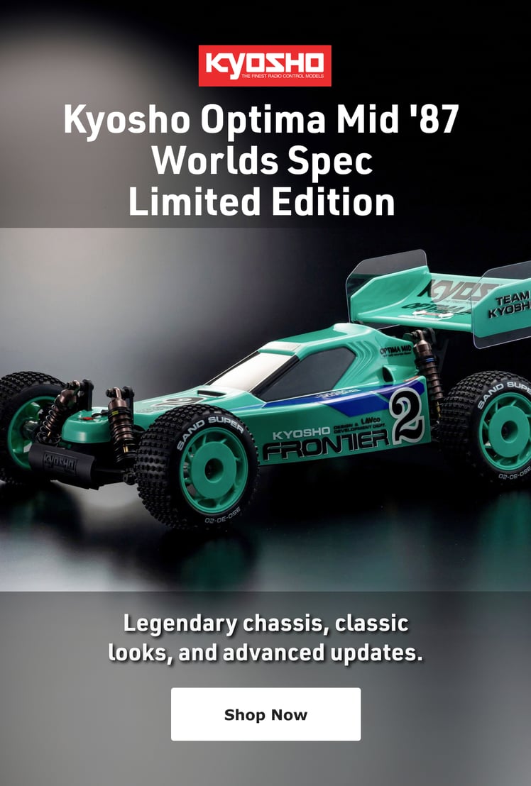 Kyosho Optima Mid '87 Worlds Spec Limited Edition. Legendary chassis, classic looks, and advanced updates. - Shop Now