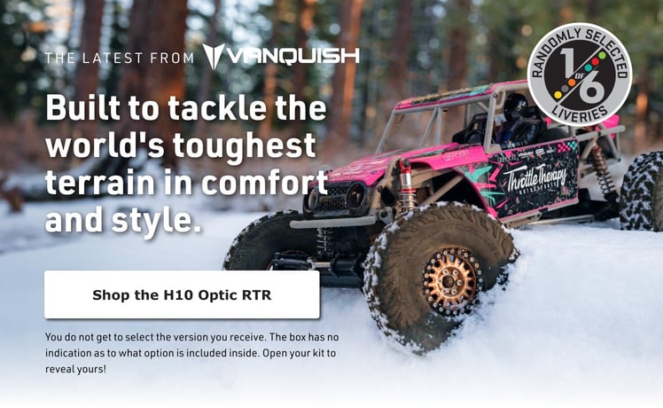 The Latest From Vanquish - Built to tackle the world's toughest terrian in comfort and style. - Shop the H10 Optic RTR -
            You do not get to select the version you receive. The box has no indication as to what option is included inside. Open your kit to reveal yours!