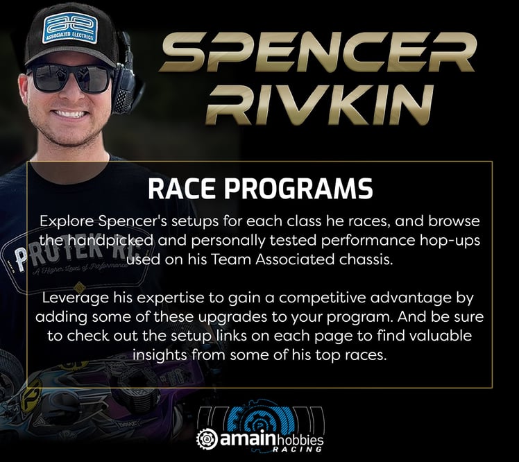 Explore Spencer's setups for each class he races, and browse the handpicked and personally tested performance hop-ups used on his Team Associated chassis.