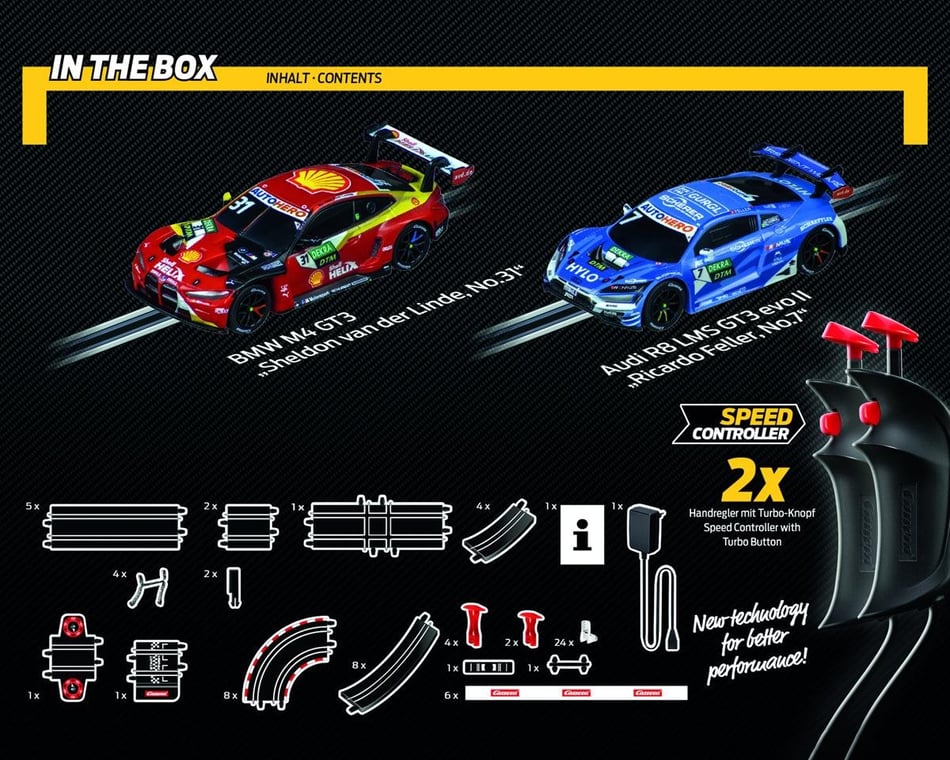 Two 1:43 carrera hot go slot cars, power, controllers